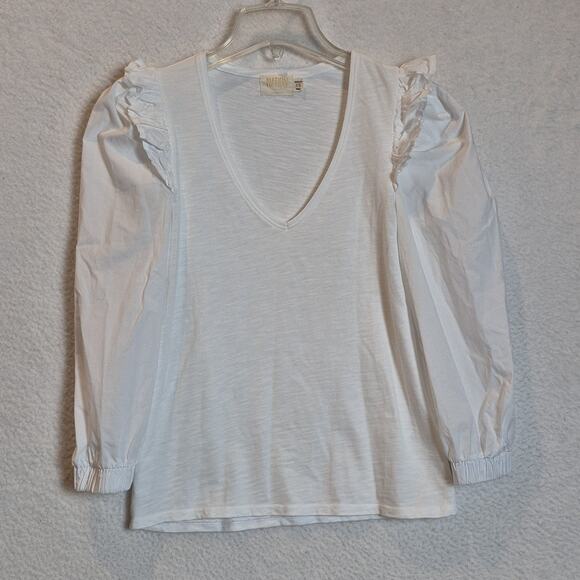 Nation LTD Remi Prim Combo Tee Size XS V-Neck Top Chic Ruffle Puff Sleeve White - Picture 10 of 10
